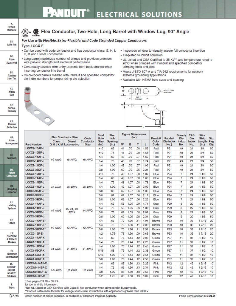 Flex Conductor Two Hole Long Barrel Lug 90 Angle